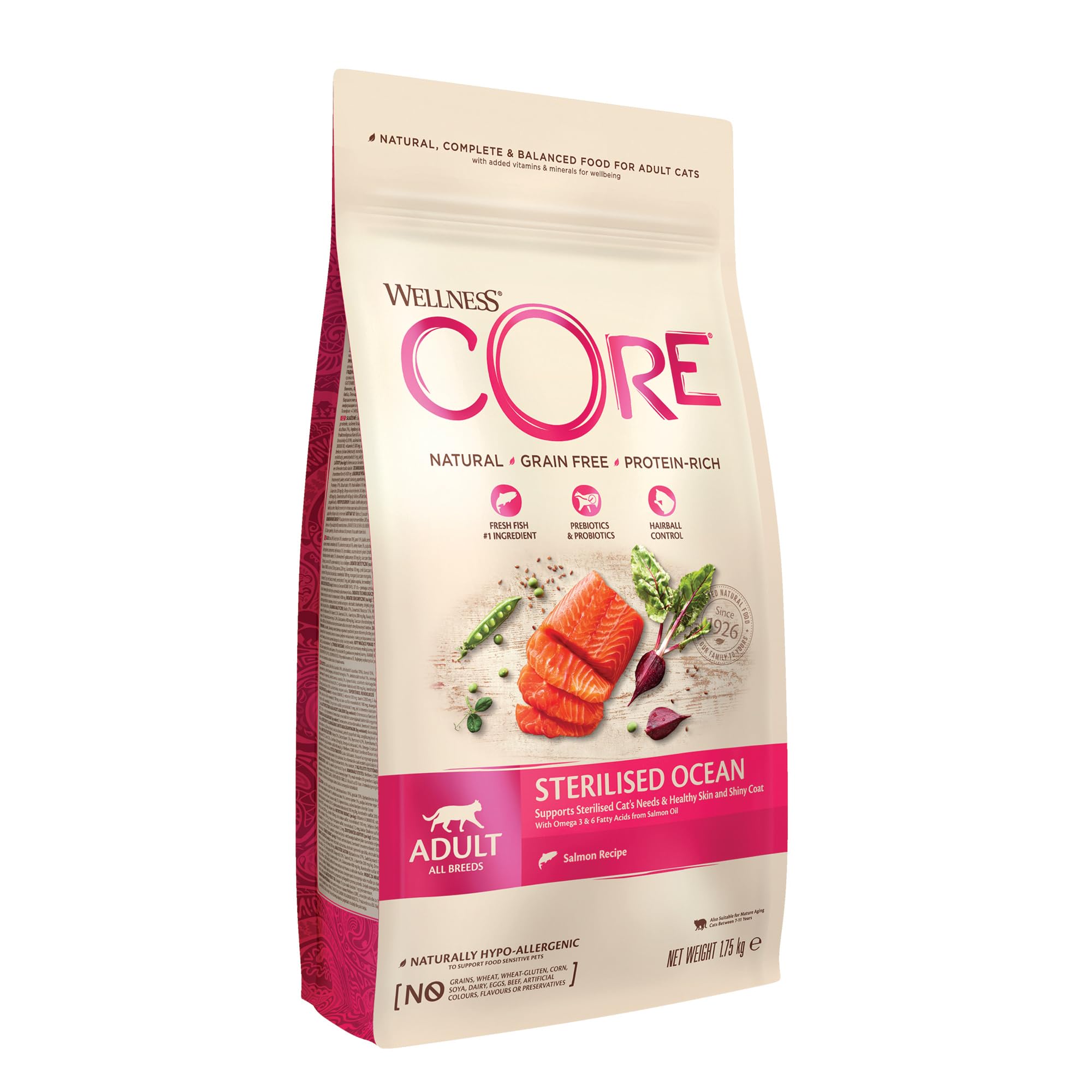 Wellness CORE Sterilised Ocean 1.75 kg, Salmon – Dry Cat Food for Sterlised/Indoor Cats, Grain-Free, Natural, Hypoallergenic, Protein-Rich, High Fish Content, Supports Healthy Skin & Shiny Coat