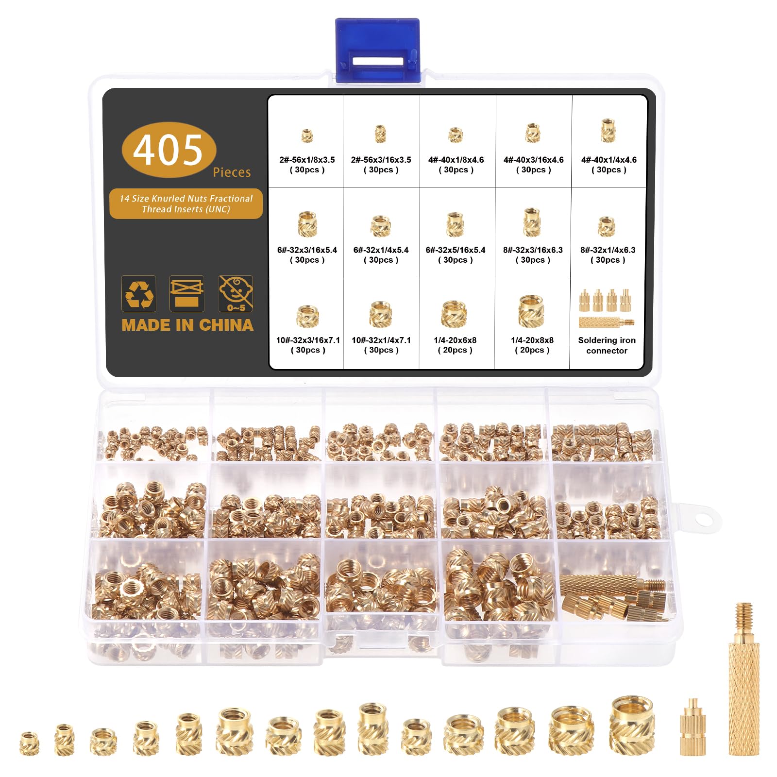 Gueenky 405PCS Threaded Inserts for Plastic, 2# 4# 6# 8# 10# 1/4-20 Heat Threads Insert Assortment mit Soldering Iron Tip, Brass Heat Set Inserts for 3D Printer Parts