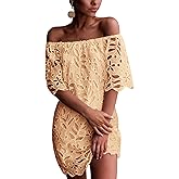 PRETTYGARDEN Women's Summer Off Shoulder Dresses Floral Lace Flare Short Sleeve Spring Vintage Elegant Mini Dress
