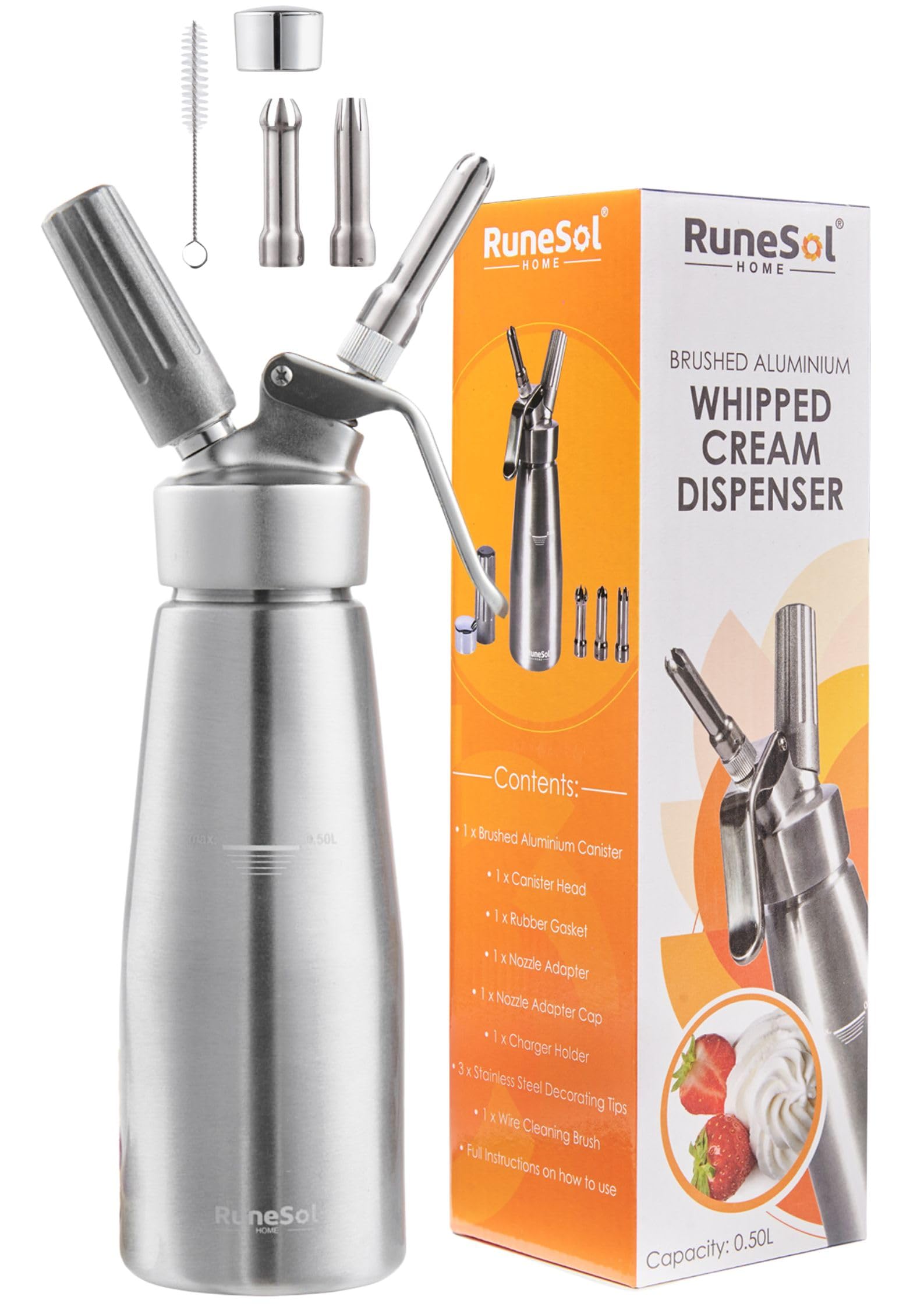 Runesol Professional Aluminium Whipped Cream Dispenser 500ml, Easy Clean Leak Free Cream Whipper with 3 Stainless Steel Nozzles, Chef Espuma Gun for Decorating Pastries and Desserts, Baking Gift