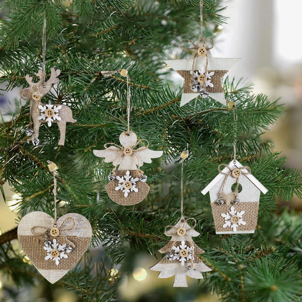 Lifreer 6PCS Wooden Christmas Tree Decorations Natural Wood Slices Christmas Wooden Ornaments Baubles Hanging Tags Pendant for DIY Crafts Christmas Home Hanging Decorations