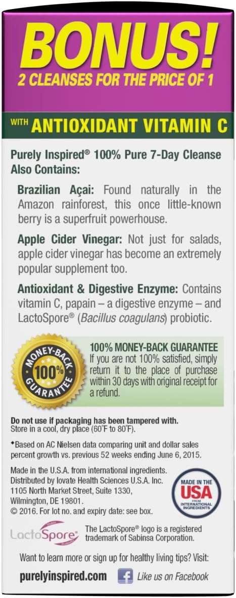 Purely Inspired Organic 7 Day Cleanse, Unique Senna Leaf Extract Formula with Antioxidant (Vitamin C), Superfruits, Probiotic & Digestive Enzymes, 42 Count (packaging may vary): Health & Personal Care