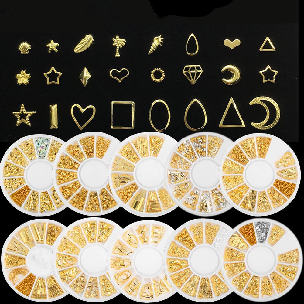 QIDUN 3D Nail Art Charms Accessories Gold Metal Punk Star Moon Heart Triangle Square Rivet Gems Nail Art Jewels Decal for Girl Fingernails & Toenails Decorations Tips Manicure 10 Boxes (Gold): Arts, Crafts & Sewing