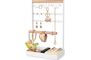 PAMANO Jewelry Stand Earring Organizer, 5-Tier Necklace Holder with Ear Stud Holes Wooden Ring Tray, 12 Hooks Bracelet Hanging Storage Rack for Necklaces Earrings Rings Watches on Dresser
