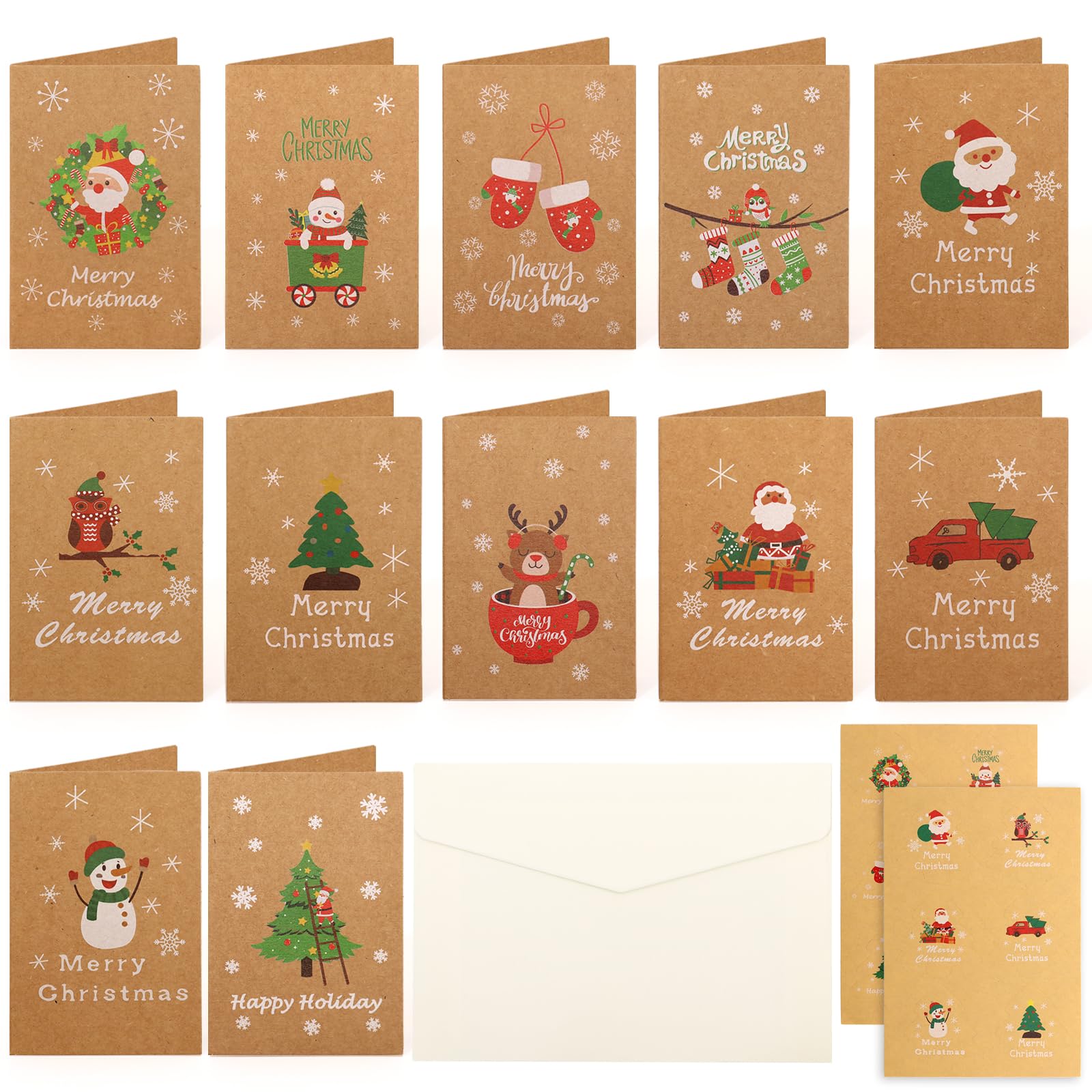 XIANGLONGY 26 Sets Christmas Cards, 12 Different Designs, Christmas Cards, Christmas Cards with Envelope, 12 Postcards + 12 Envelopes + 2 Small Stickers