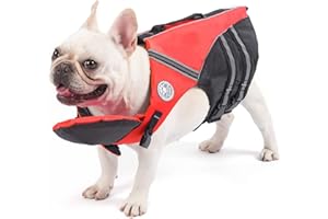 Petglad French Bulldog Life Jacket, Life Vest with Chin Float Rescue Handle for Corgi Pug, Adjustable High Visibility Flotation Swim Vest for Swimming Boating (Red)