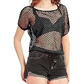WILDPARTY Women Casual Sexy 80s Costumes Fishnet Neon Off Shoulder Top Mesh Short Sleeves T Shirts Sheer Blouse