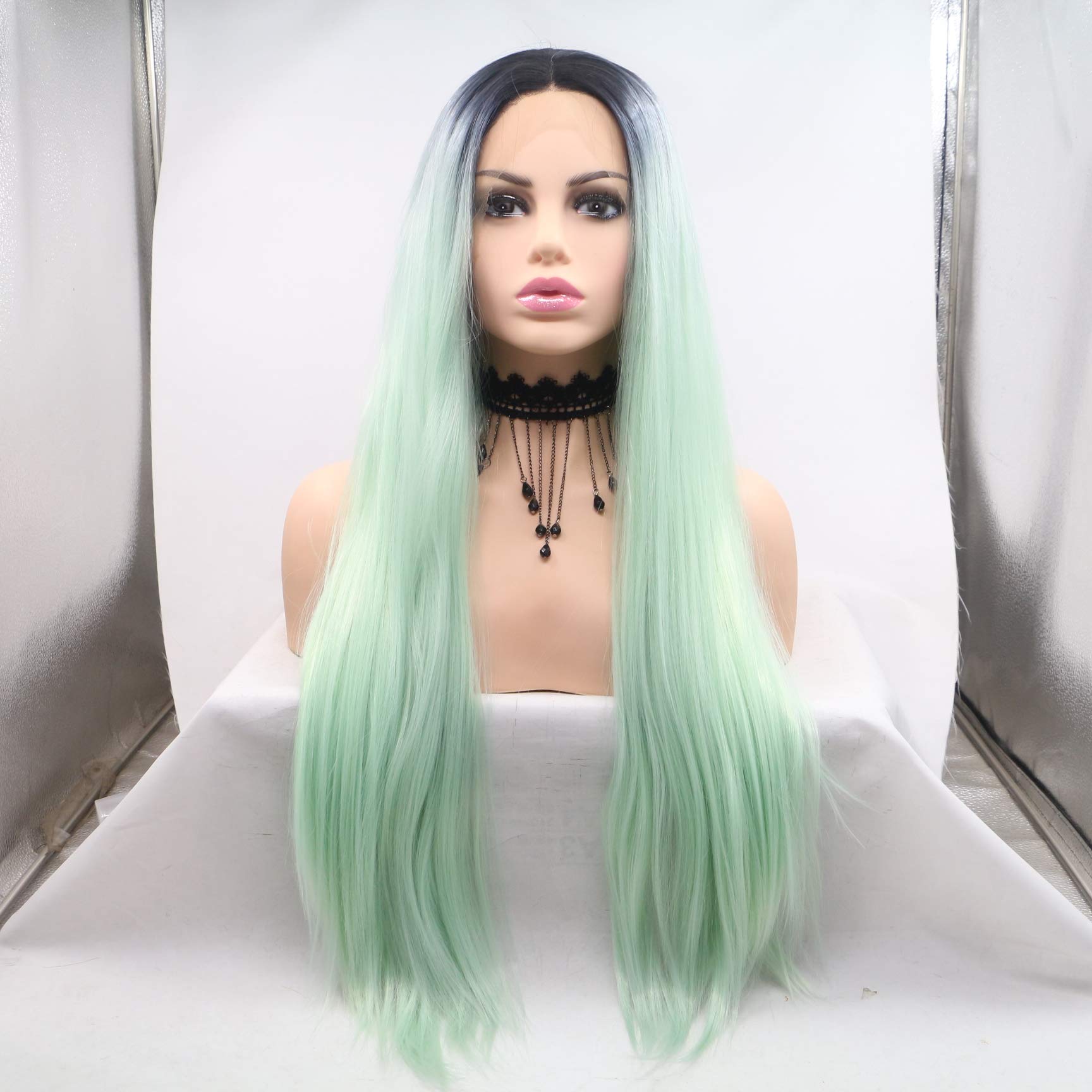 Ombre Green Lace Front Wigs Long Straight Hair Wigs Natural Green Wig Dark Roots Heat Resistant Fiber Hair for Women (Ombre Green)…