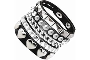 TOSMIFAIRY 3Pcs Soft Leather Bracelets with Heart/Pyramid/Chain, Emo Punk Wrap Wrist Cuffs Jewelry Accessories Gothic Gift for Vintage Women