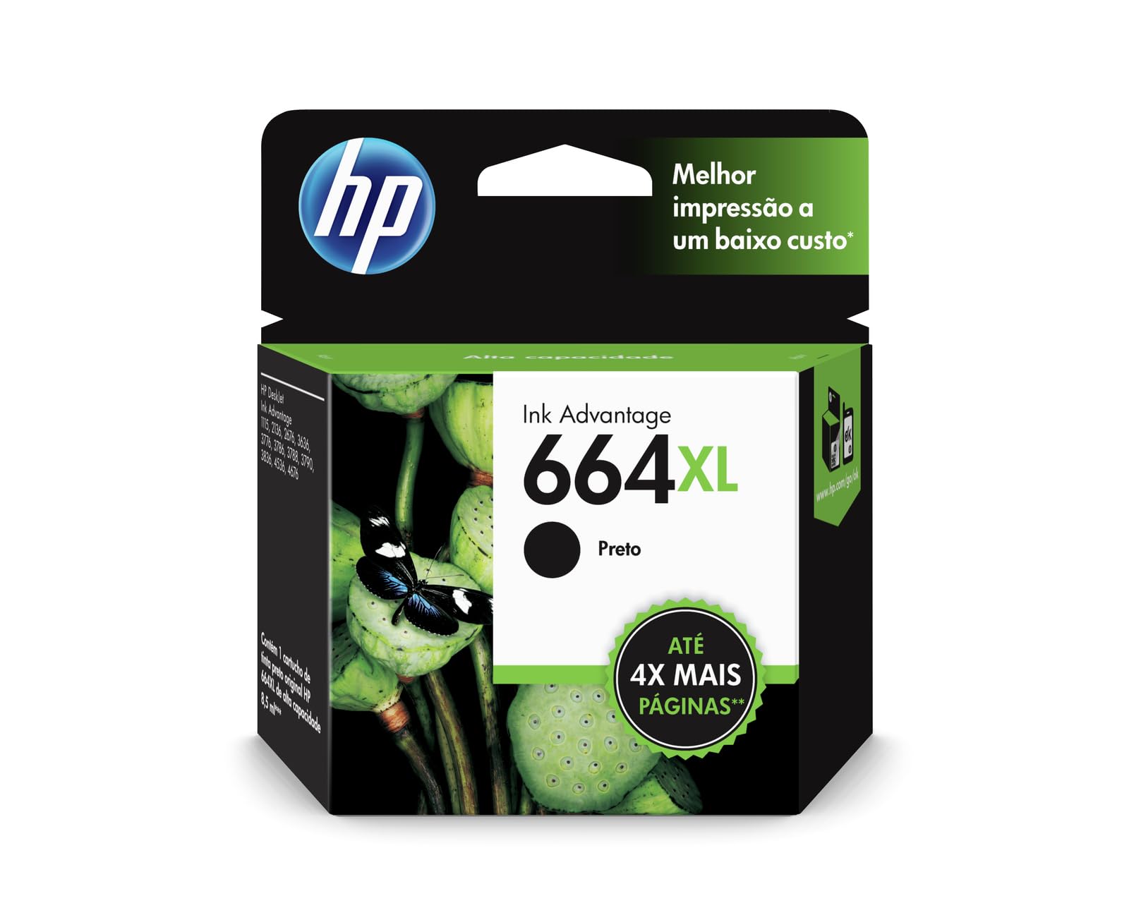 Cartucho de Tinta HP 664XL preto Original (F6V31AB) Para Impressora Deskjet 2136, 2676, 3776, 5076, 5276