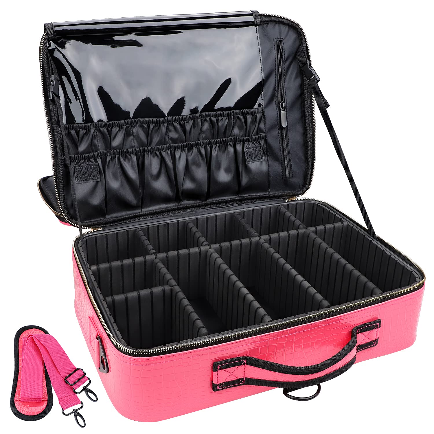 Professional Makeup Case 16Inches Crocodile Makeup Travel Bag Large Leather Cosmetic Train Case Portable Artist Storage Bag with Shoulder Strap for Makeup Brush (L-Hot Pink)