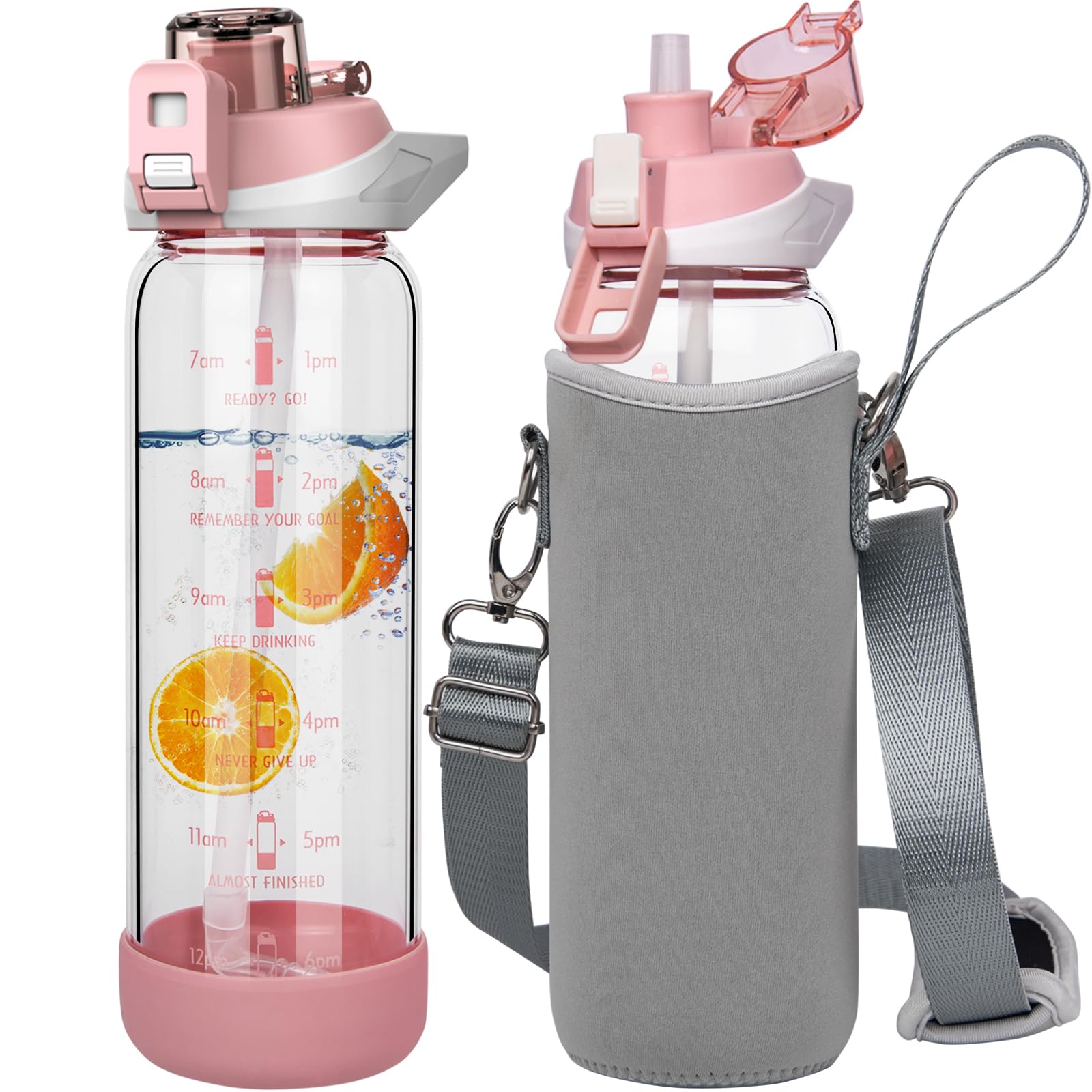 Seekua 800ml Glass Water Bottle with Straw & Time Markings BPA free Motivational Glass Drinking Bottle Leakproof