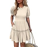 Mieazom Women's Puff Sleeve Ruffle Dress, Brown Cotton Blend Mini Dress with Pockets, Elastic Waist & Flowy Fit