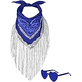 JIANGLAI Fringe Rhinestone Bandana with Heart Sunglasses, Disco Cowgirl Bachelorette