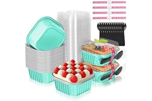 HEYYUMI 10oz Mini Cake Pans with Lids, 40 Pack Aluminum Foil Brownie Pans,Disposable Ramekins Muffin Tins,Square Baking Pans Cupcake Cups,Individual Dessert Containers Flans for Brownie - Blue