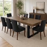 Extendable Dining Table Set for 8, 63"-79" Large Rustic Kitchen Table Set | Rectangular Aged Wood Kitchen Table with 8 Upholstered High Back Fabric and Solid Wood Legs Chairs