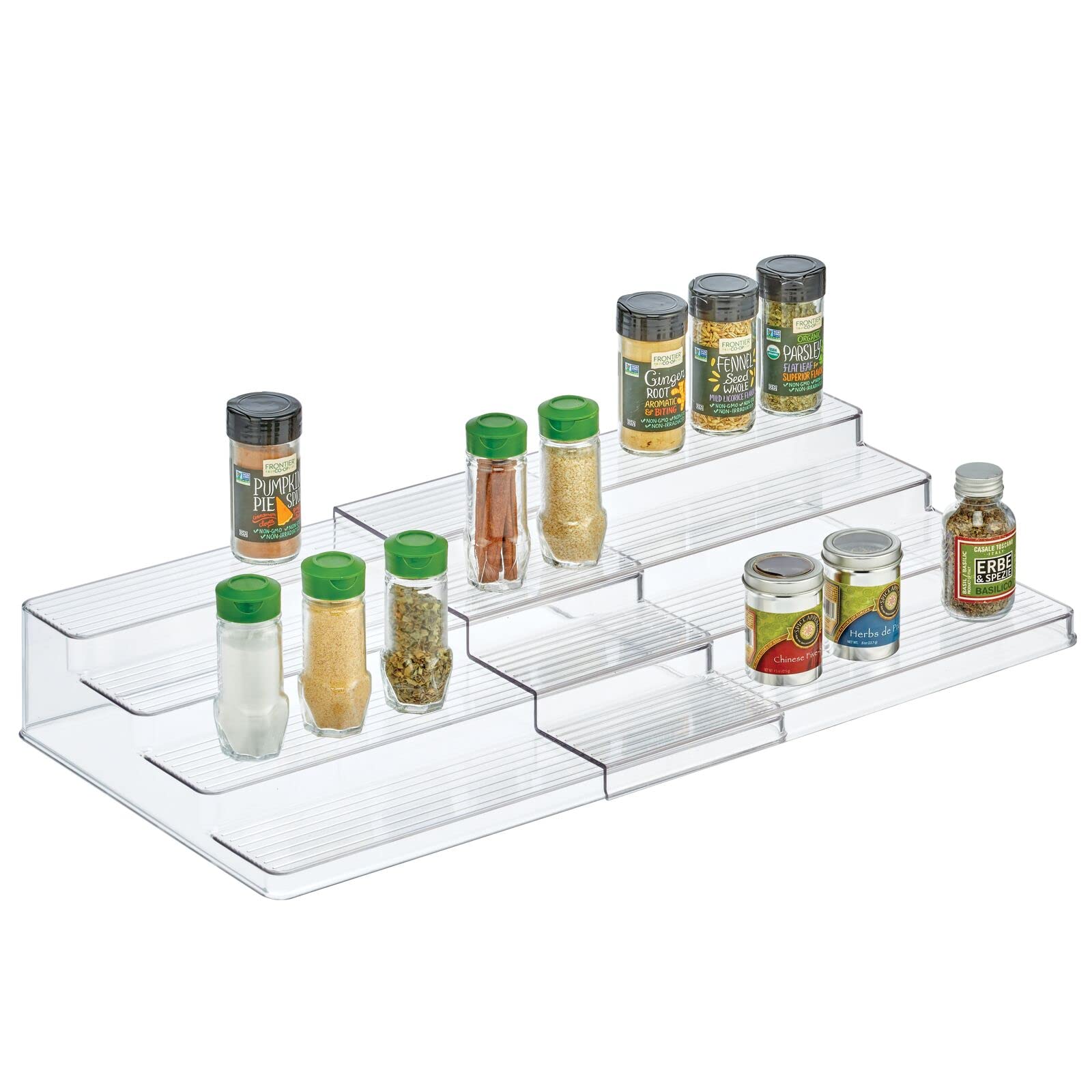 Photo 1 of mDesign Plastic Adjustable, Expandable 4-Tier Kitchen Cabinet, Pantry, Shelf Organizer/Spice Rack - Storage for Spice Bottles, Jars, Seasonings, Baking Supplies, Lumiere Collection - Clear