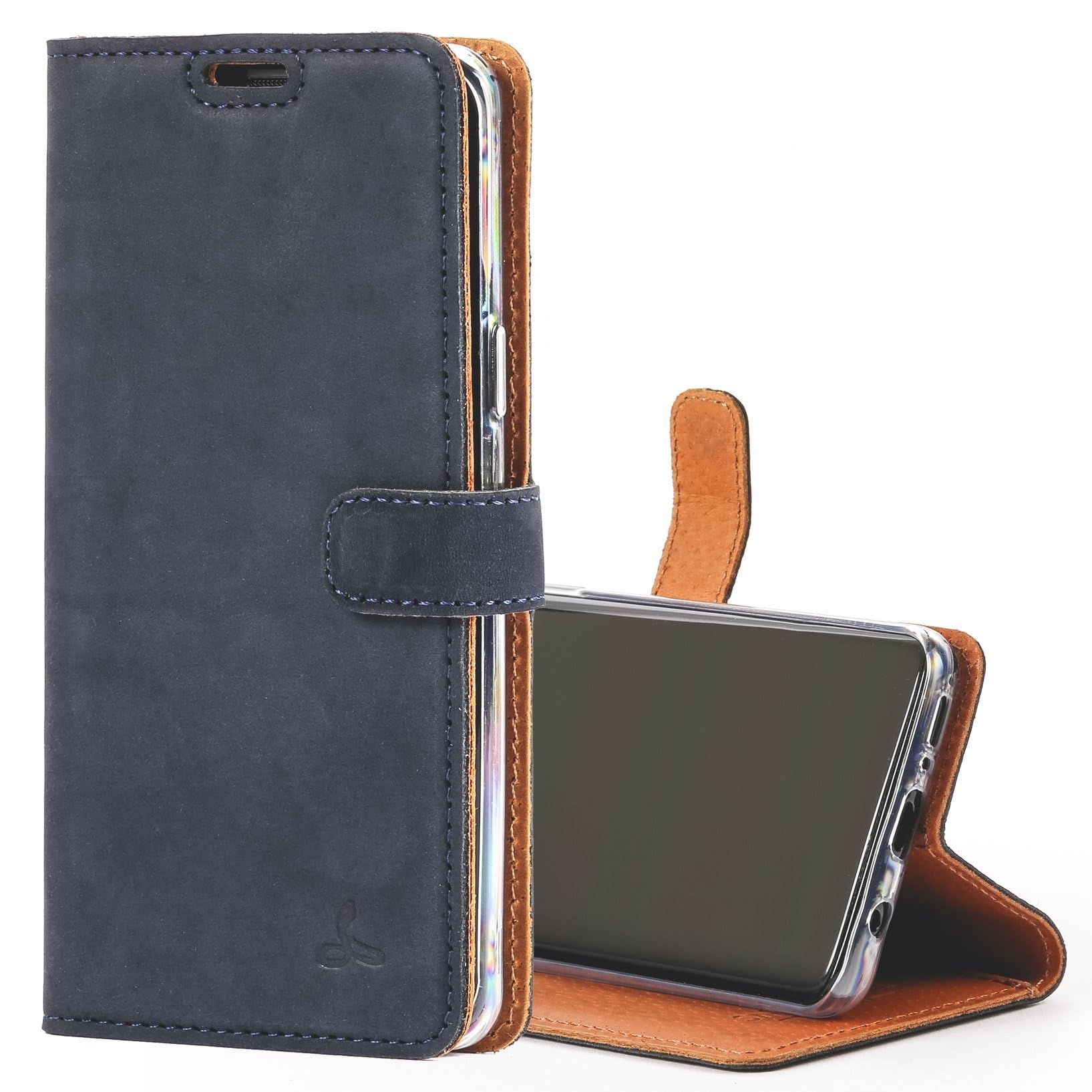 Snakehive Case Compatible with Samsung Galaxy S9 Plus, Genuine Leather Wallet with Viewing Stand and Card Slots, Flip Cover - Handmade In Europe - Navy Blue