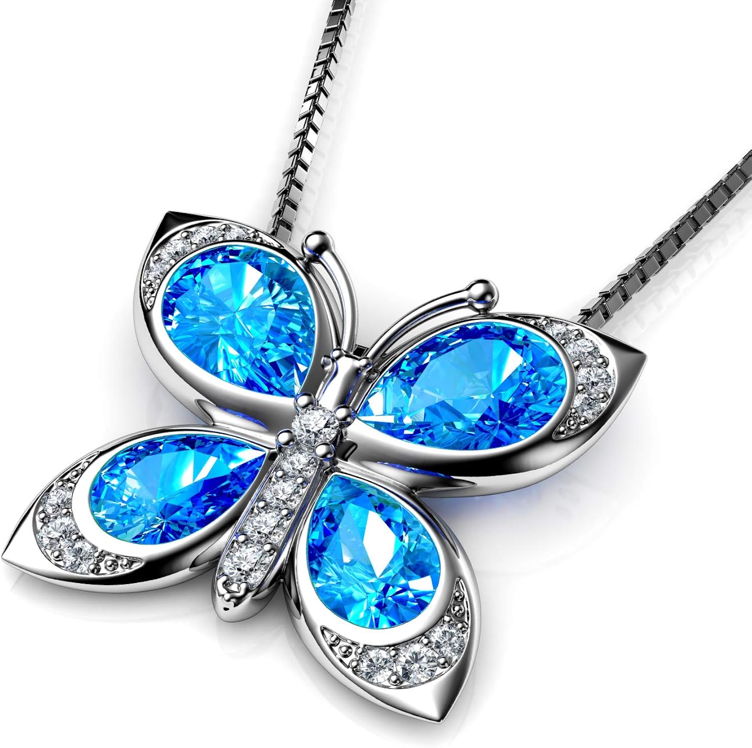 DEPHINI Butterfly Necklace Women Light Blue Cubic Zirconia Crystals 925
