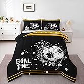 Erosebridal Boys Football Comforter Set Twin Size, American Soccer Goal Bedding Set Sports Ball Game Quilt for Kids Teens Adult,Black Yellow Stars Striped Duvet Insert,1 Pillow Case