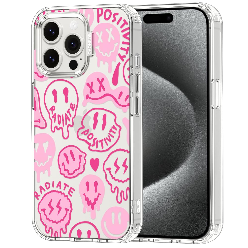 MOSNOVO Case for iPhone 15 Pro Max, [Buffertech 6.6ft Military-Grade Drop Protection] [Anti Peel Off Tech] Clear TPU Bumper Phone Case Cover Design - Pink Dripping Smiles Positivity Radiate Face — image 1