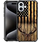 DJSOK Compatible with iPhone 16 Case，Design Pattern Back Bumper Anti Scratch Reinforced Corners Soft TPU Caver,Cases for Men Women-Wood Grain American Flag Buck Hunter Deer
