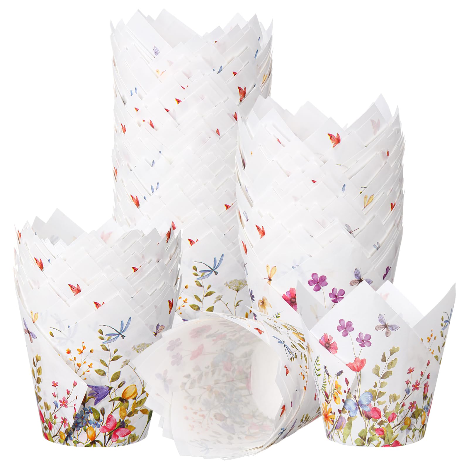 Photo 1 of Vesici 200 Counts Wildflower Tulip Cupcake Liners Wildflower Baby Shower Decorations Liners Tulip for Baking Cups for Spring Easter Bridal Shower Wedding Festival Party