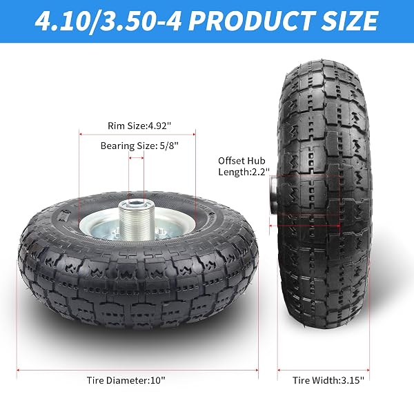 (2 PACK) RRQ 10 INCH PNEUMATIC WHEEL 4.10/3.50-4 TIRE, 10″ PNEUMATIC WHEELS WITH 5/8″ BEARINGS,2.2″ OFFSET HUB FOR GARDEN CART, HAND TRUCK, LAWN CART, MOWER
