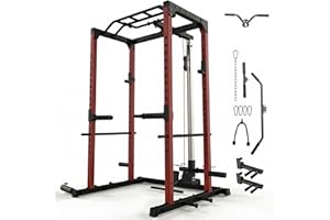 All in One Power Cage Squat Rack with LAT Pulldown & Cable Pulley System, 1200LBS Home Gym Power Rack with Dip Bars, Pull Up 