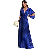 IMCACTOR Pleated Chiffon Bridesmaid Dresses for Women Flutter Sleeves V-Neck A-Line Long Formal Wedding Guest Dress