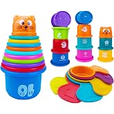 Ella Dream 17 PCs Multicolor Nesting and Stacking Cups Set, Baby Bathtub Toys, Early Learning Educational Toys for Infants, Toddlers, Stacking Cups with The Numbers, Shapes, Fruits, Animals Patten