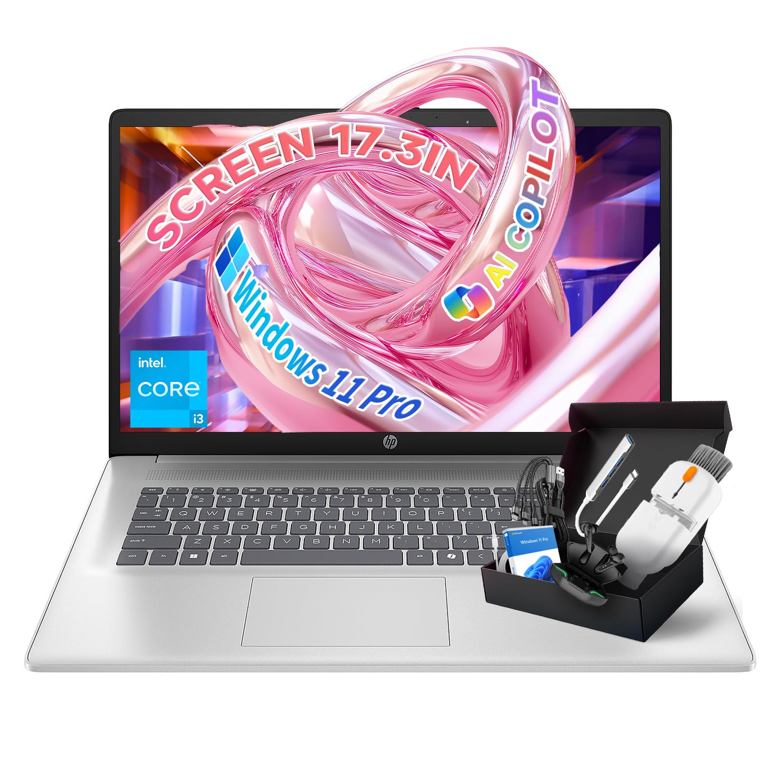 Computadora portátil HP 2025 de 17.3 ″ FHD, procesador Intel de 8 núcleos, Windows 11 Pro, Copilot AI, duración de batería de hasta 9.5 H para estudiantes y empresas, Wi-Fi6, Bluetooth5.4, con kit de accesorios (32 GB de RAM | 1 TB SSD)