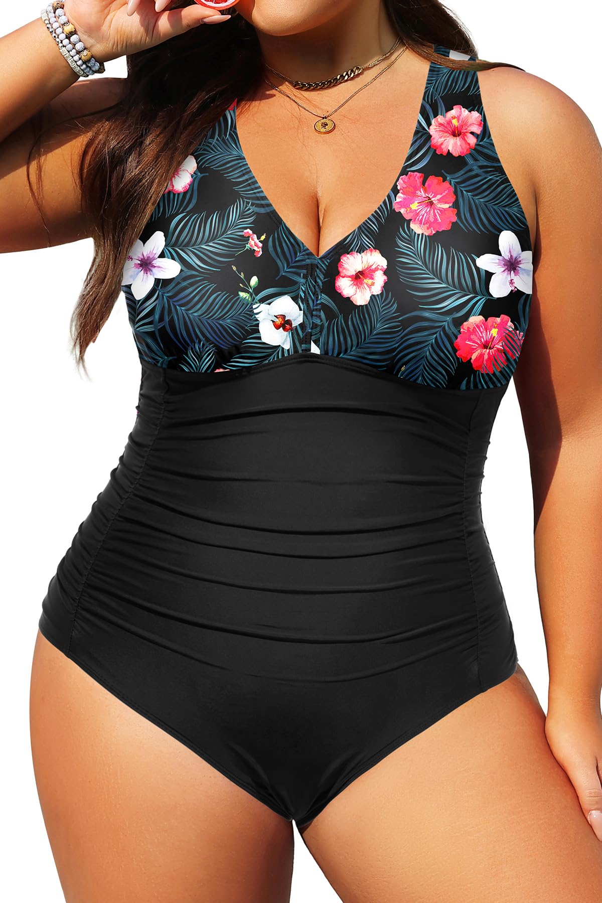 Photo 1 of Aqua Eve Women Plus Size One Piece Swimsuits V Neck Tummy Control Bathing Suits Retro Ruched Swimwear Floral 16 Plus