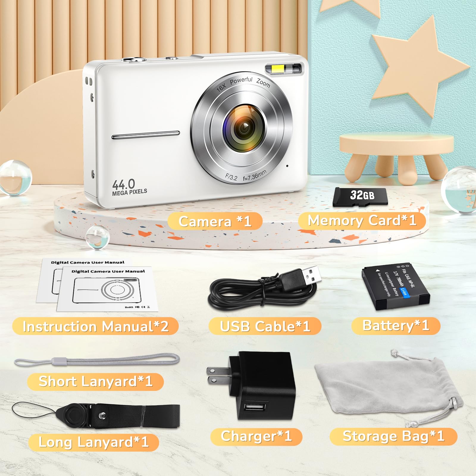 Digital Camera, Jukanur Upgraded Camera for Kids with 32GB Card, 16X Zoom, Point and Shoot Digital Camera with Anti-Shake, Timestamp, Flashlight, Portable Travel Camera for Teens Girls,Boys, White