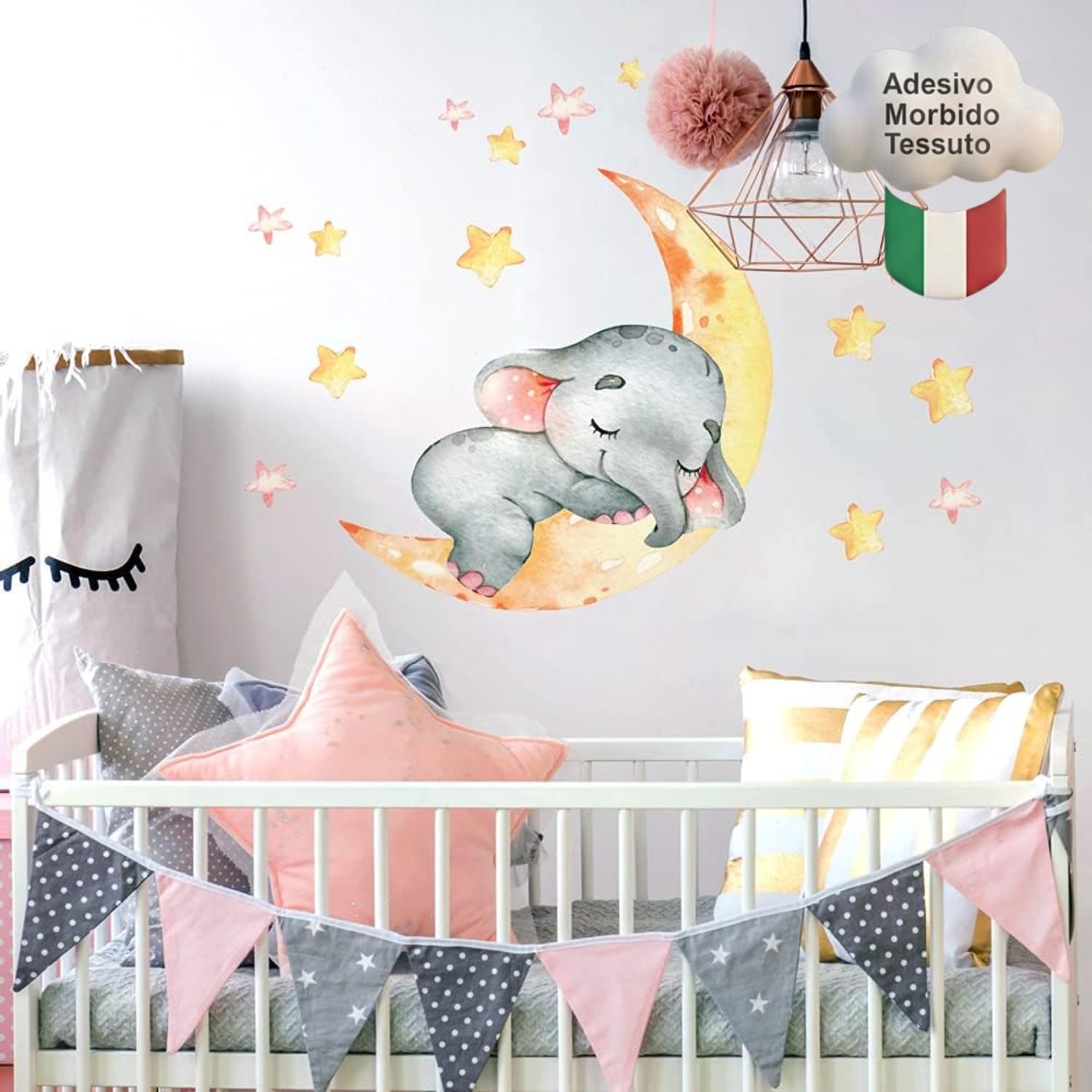 kina - R00584 Baby Wall Stickers Ecological and Hypoallergenic Soft Fabric Effect Repositionable Elephant on the Moon Wall Decoration Nursery Nursery Wallpaper - Size 42x30cm