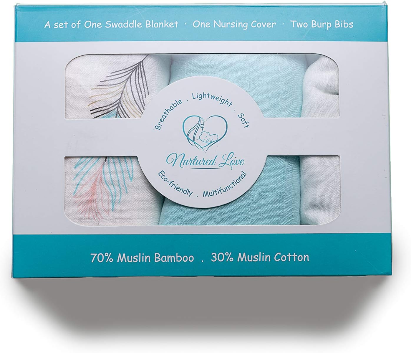 Nurtured Love gift set for newborns and babies | A pair of muslin swaddle blanket | A pair of muslin nursing cover | Two pairs of muslin bibs | 70% Bamboo and 30% Cotton | Perfect gift for new mothers