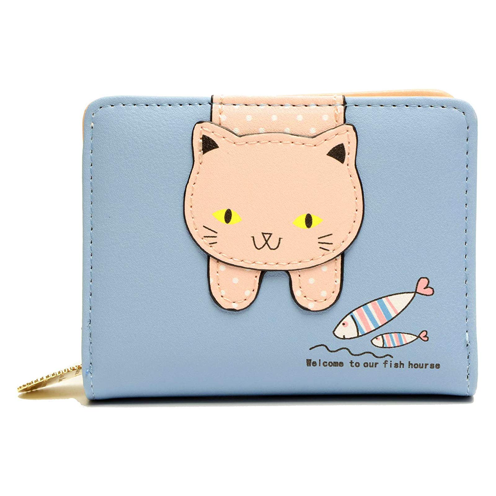 Splendid Cute Cat Wallet, Decorative Small Wallet, Short Bifold Zipper Mini Wallet, Leather Material, Cute Cat Purse Gifts for Girls and Women (Blue)