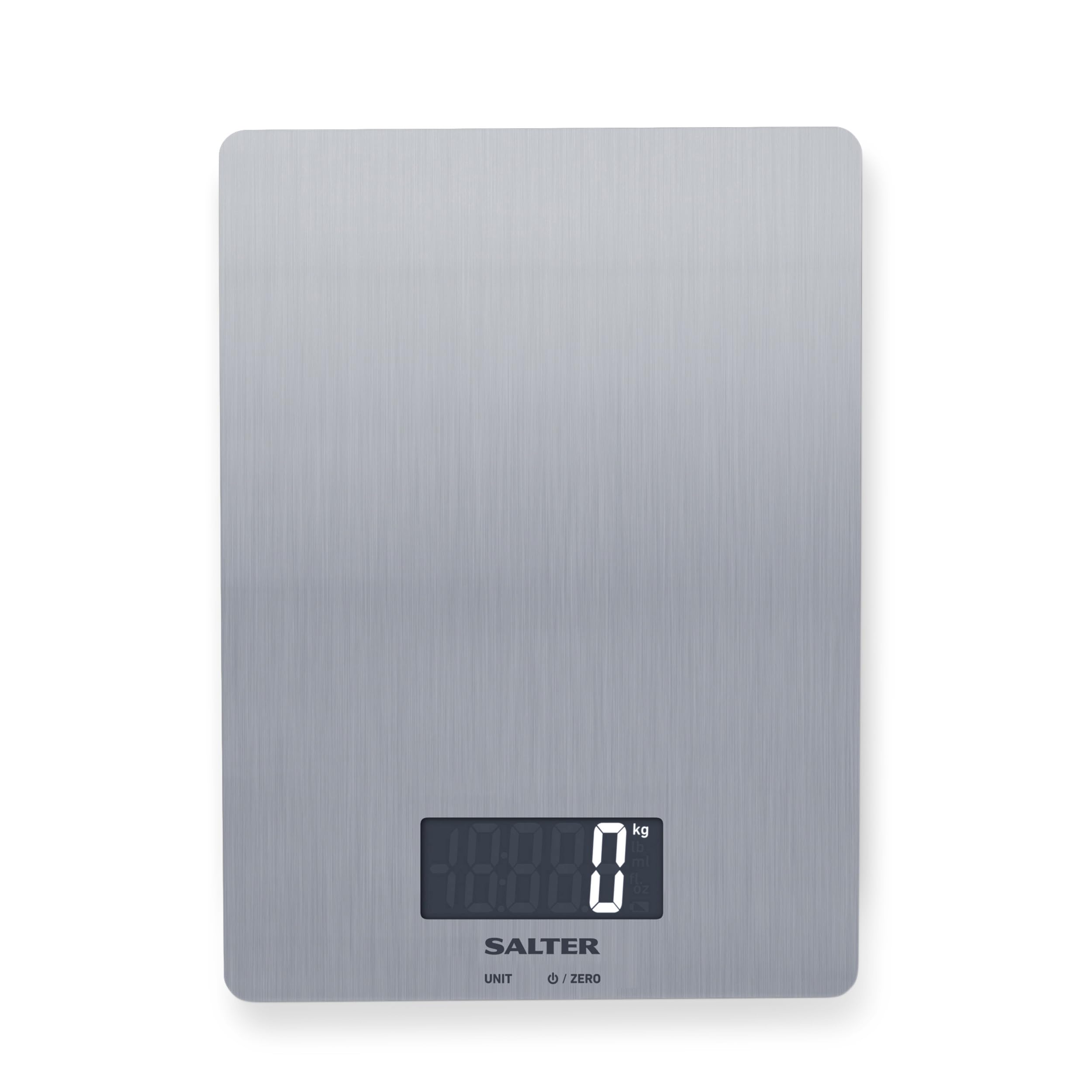 Salter 1103 SSDR Premium Stainless Steel Electronic Kitchen Scale, 5 kg Max Capacity, Sleek Contemporary Design, Easy Read, Add & Weigh, Measures Liquids/Fluids, 15 Year Guarantee