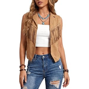FEOYA Womens Tassel Vest Faux Suede 70s Hippie Fringe Jacket Open Front Cardigan Waistcoat Western Cowgirl Waistcoat Outfits
