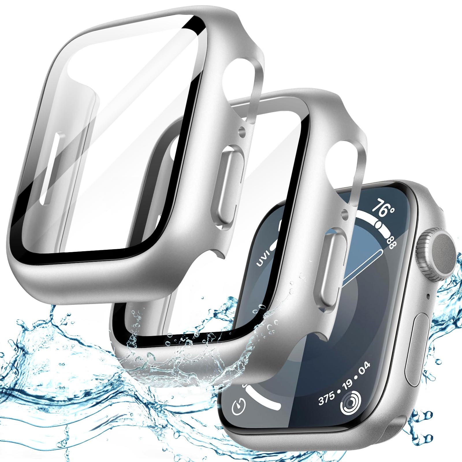 JETech Waterproof Case with Screen Protector for Apple Watch Series 9 8 7 45mm, Built-in Tempered Glass Film Hard PC Bumper Full Protective Cover, 2 Pack (Silver)