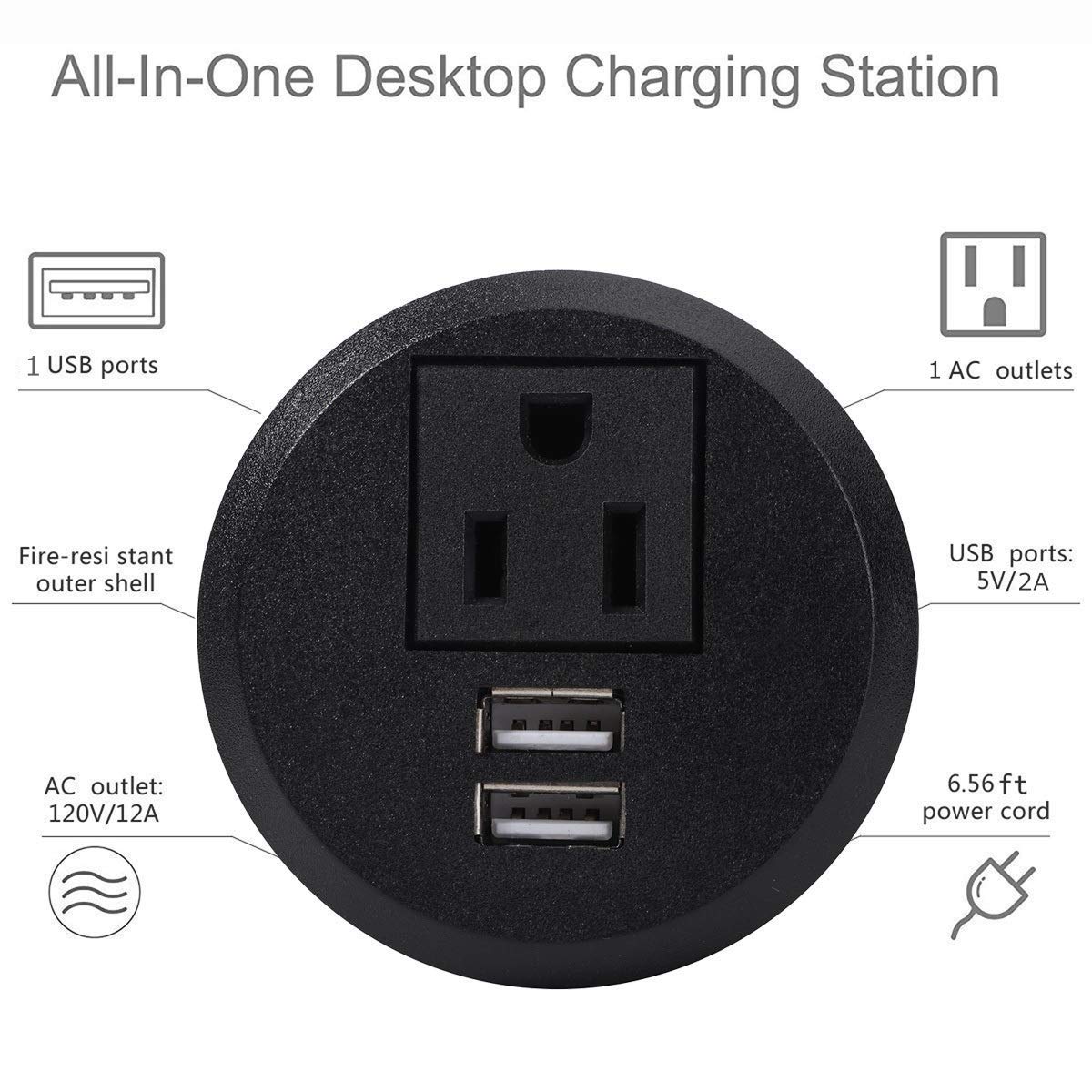 BTU Desktop Mini Power Grommet Power Outlet Socket,2 inch Hole Desk Grommet Outlet Recessed Power Socket with 1 AC Outlets and 2 USB Charging Ports and 7 FT Power Extension Cord