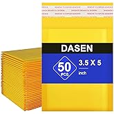 Dasen Kraft Bubble Mailers 3.5x5 Inch 50 Pcs,Small Self-Sealing Waterproof Cushioned Mail Shipping Bags,Yellow Padded Envelopes #0000
