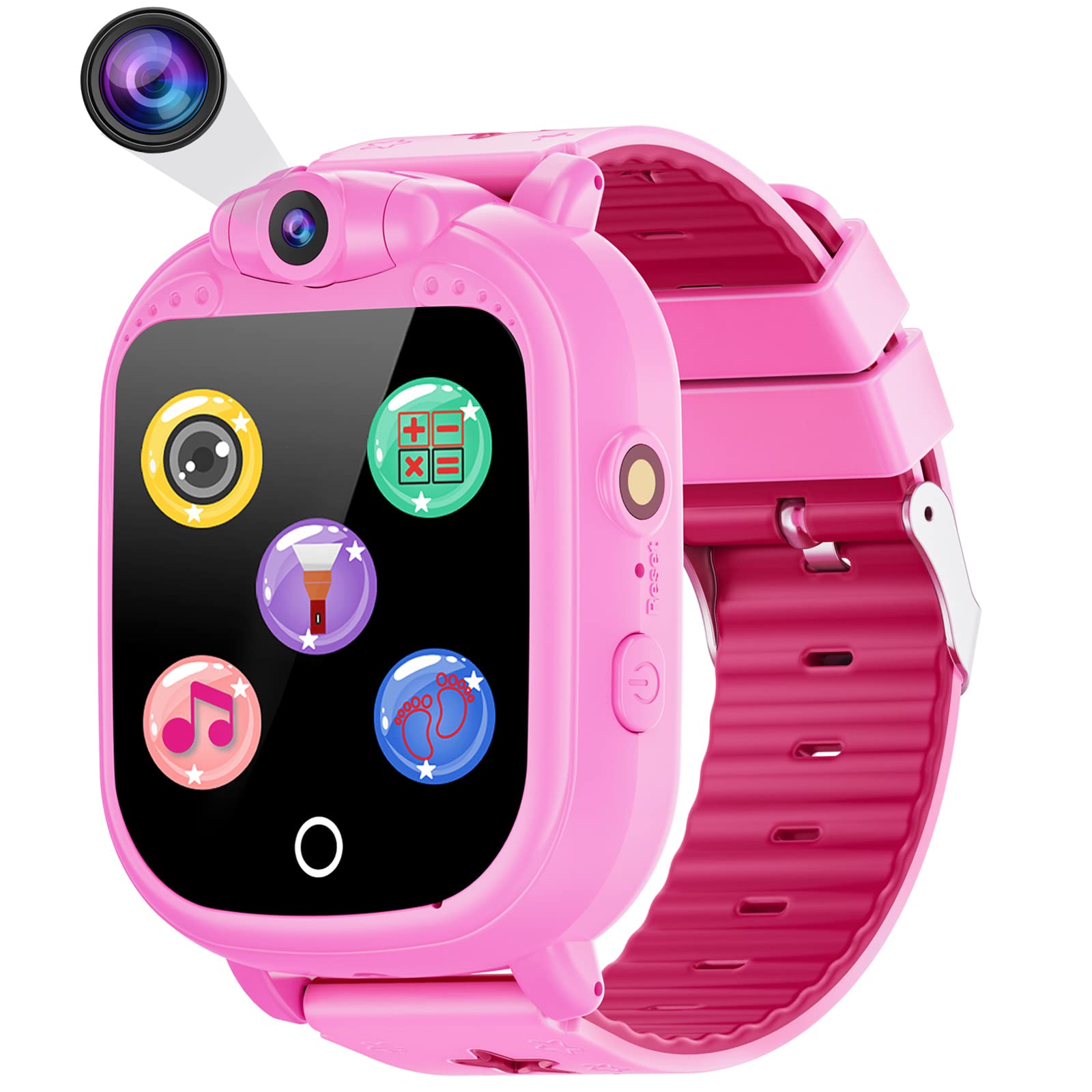 PROGRACE Kids Smart Watches with 90°Rotatable Camera Smartwatch Touch Screen Watch Music Pedometer Flashlight Games Alarm Clock Digital Wrist Gift for Boys Age 3-12 Years Old Boy Toys Blue, Pink