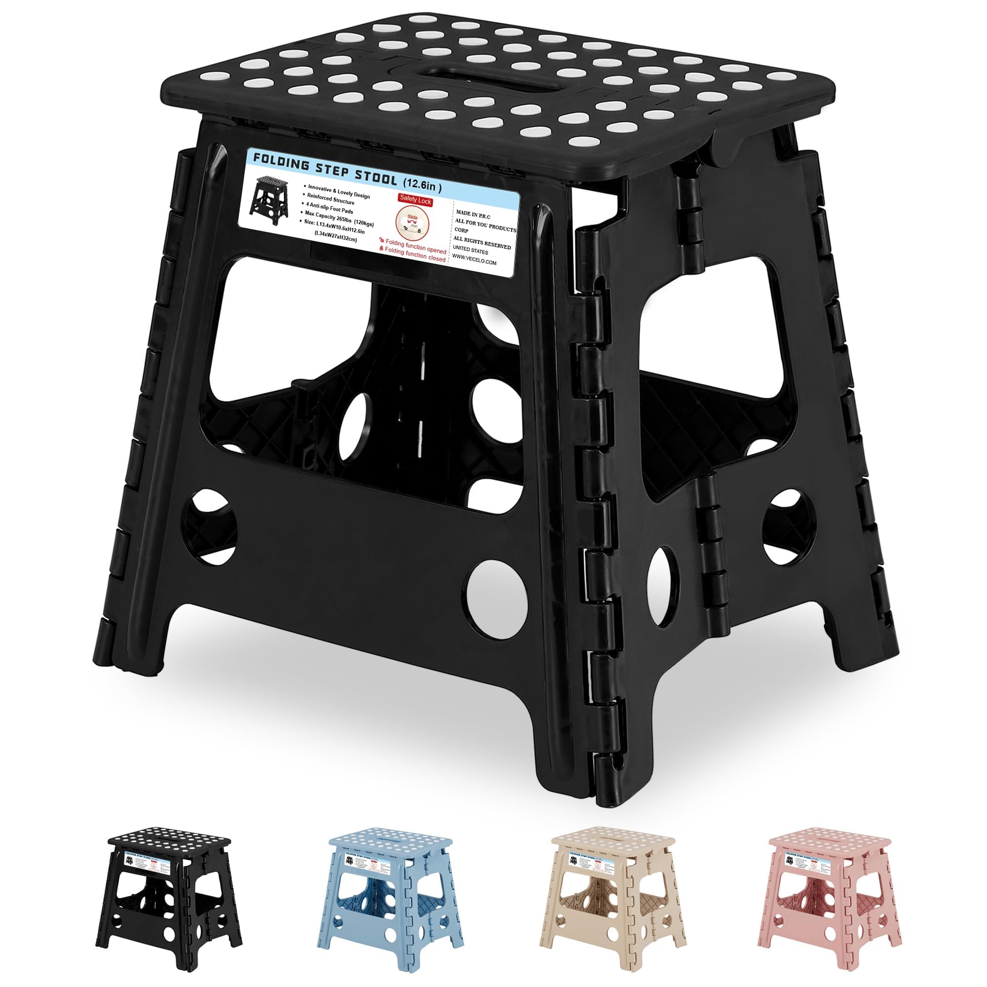 VECELO Folding Step Stool 32cm, Non-Slip Surface Portabl Foldable with Carry Handle, Heavy Duty to Support Kids/Toddler/Adults for Living Room Kitchen, Bathroom, Black