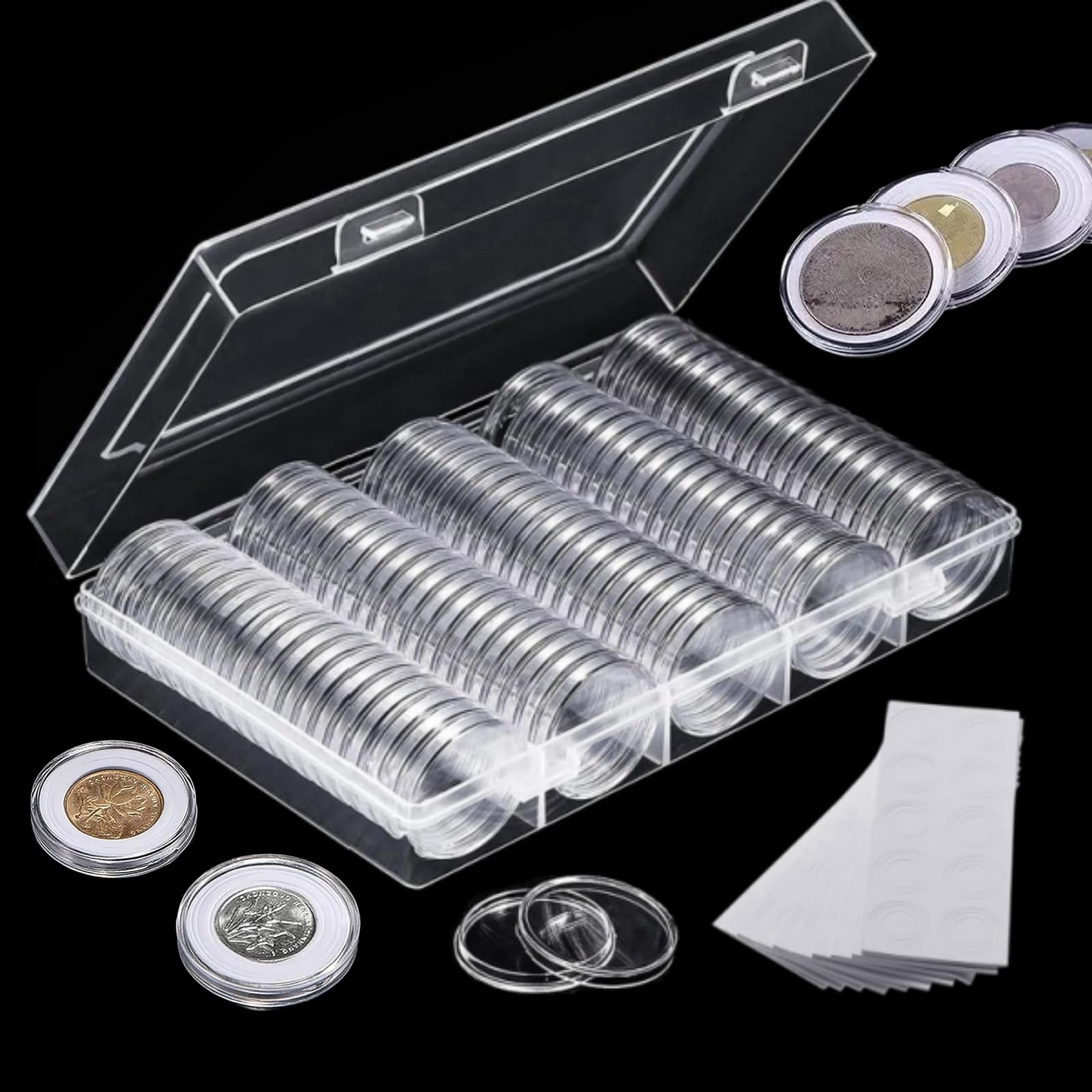 Bakiauli 100pcs Clear Coin Capsules, Coin Holder with Protect Gasket, Coin Collecting Storage Coin Collection Supplies