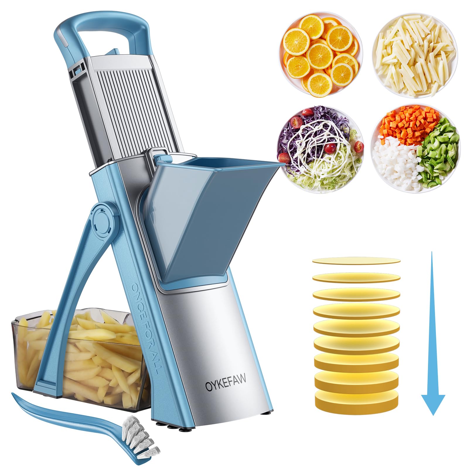 Photo 1 of Safe Mandoline Slicer for Kitchen, 6 in 1 Vegetable Chopper, French Fry Cutter For Potatoes, Potato Slicer,Food Chopper,Adjustable Thickness 0.1-8 mm, With Peeler/Cleaning Brush (Blue)