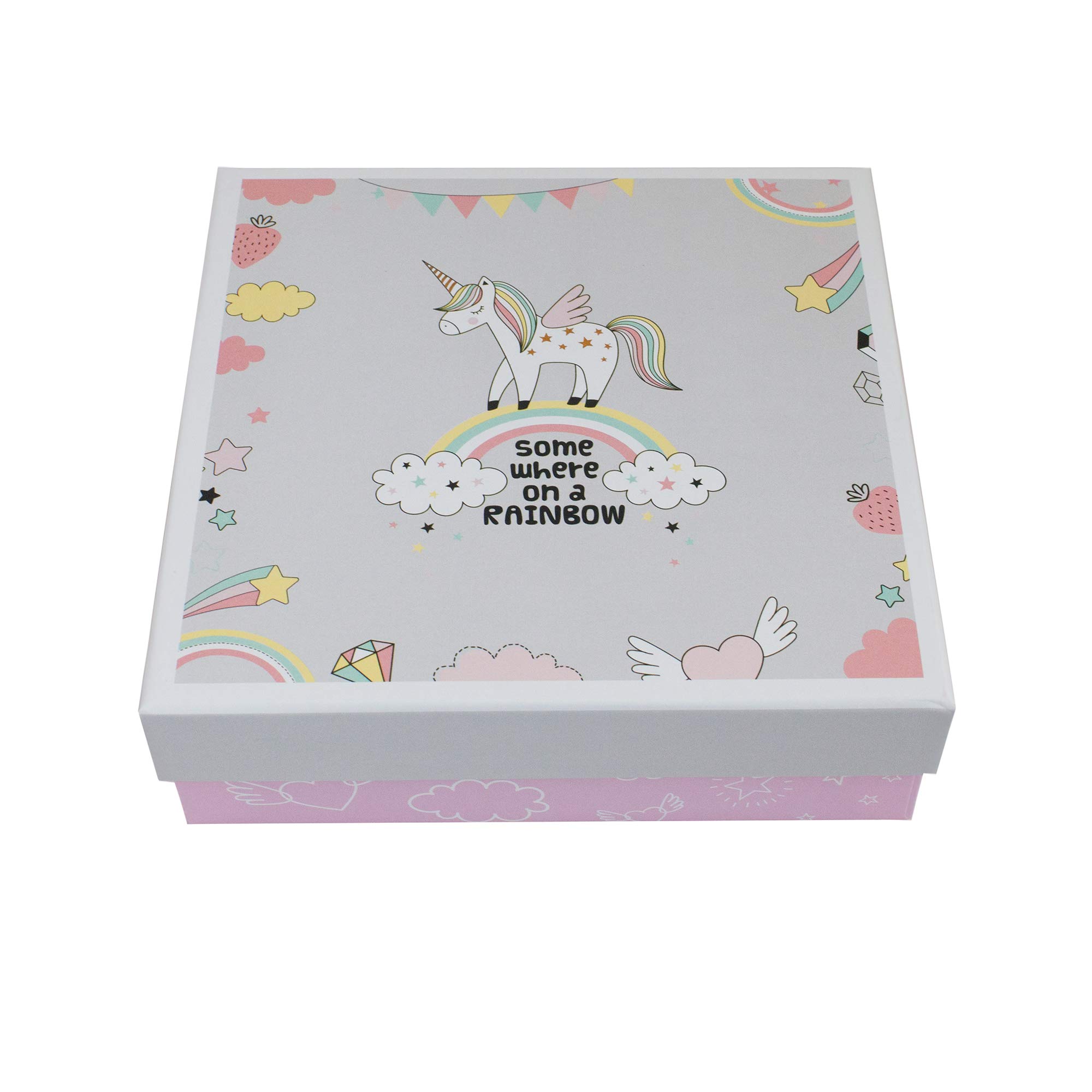 Emartbuy Set of 2 Gift Box, 19 x 19 x 6 cm, Pink Unicorn Box with White Lid and White Interior