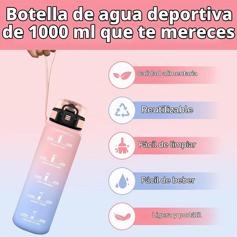 Botella Agua, 1L, Marcador de Tiempo, Portátil, Cantimplora, Libre de BPA, Botella Agua Gimnasio, A Prueba de Fugas, Water Bottle para Gimnasio, Ciclismo, Oficina y Exteriores