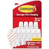 Command Medium White Hooks, 9 Hooks, 12 Strips | Damage-Free Hanging with Adhesive, Heavy Duty Hanging Great for Organization and Storage, Holds up to 3 lb