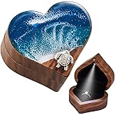 SAMAH Ocean Resin Heart LED Lighted Engagement Ring Box, Personalized Walnut Wooden Ring Box, Ring Display Box for Proposal, Wedding, Anniversary, Valentine's Day, Birthday, Christmas Gifts for Women